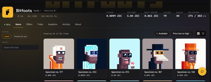 The Bitfoots NFT marketplace on Zora showing verified Specimen pixel-art character collectibles priced around 0.09-0.14 ZEC, with floor price 0.0899 ZEC.