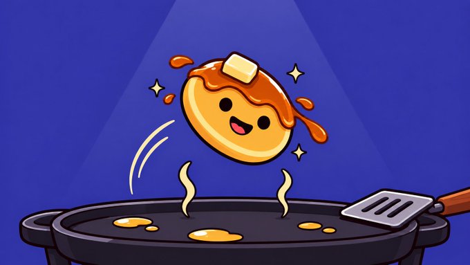A cheerful cartoon pancake character with a pat of butter on top flips through the air above a sizzling griddle, surrounded by sparkles and splashes of syrup. The whimsical illustration visually captures the playful branding of the $JACK airdrop announcement, reinforcing the fun, food-themed identity of the Flapjack project launching on the Solana chain.