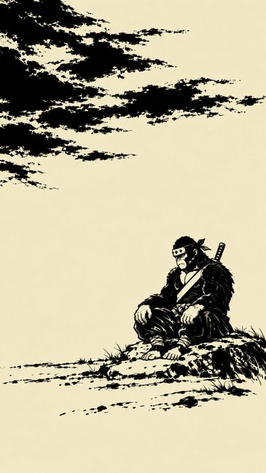 A black and white stylized illustration shows a samurai with a sword on his back, sitting cross-legged on a rock beneath dramatic, brush-stroked clouds.