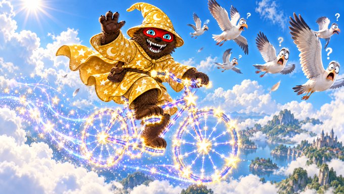 A surreal digital artwork depicting a brown creature in a yellow starry wizard robe riding a glowing magical bicycle through a cloudy sky, with surprised seagulls flying nearby.