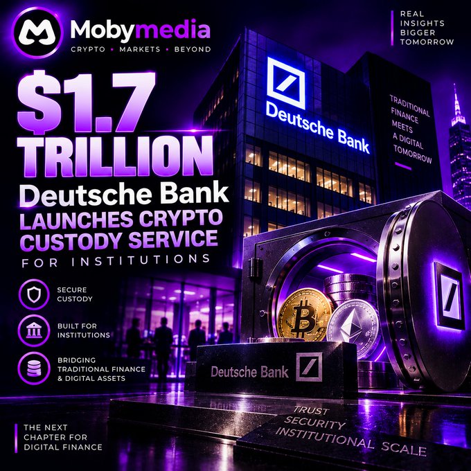Moby media promotional graphic announcing that Deutsche Bank ($1.7 TRILLION) has launched a crypto custody service for institutions, featuring imagery of a bank vault with Bitcoin and Ethereum coins.