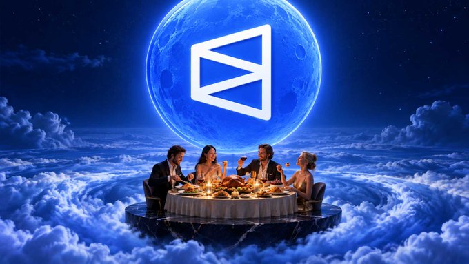 Four people in elegant attire dine at a candlelit table on a floating platform amidst clouds, with a massive blue moon and white logo looming behind them—symbolizing the lofty expectations and luxurious anticipation surrounding delayed token airdrops like $POLY and $HYPE.