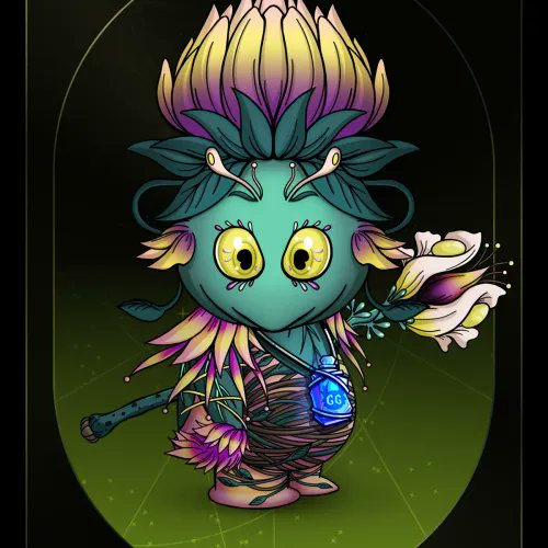 A digital illustration of a fantasy creature resembling a teal plant-cat hybrid with a lotus-like crown, large yellow eyes, and a satchel, holding a flower bud.