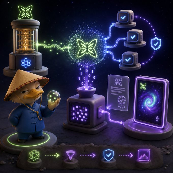 The image depicts a cartoon duck wearing a traditional conical hat holding a glowing crystal ball, surrounded by interconnected holographic devices displaying butterfly motifs, atomic symbols, checkmark icons, certificates, and a spiral galaxy, illustrating the synergy between quantum and classical computing. A progress bar at the bottom flows through icons of an atom, funnel, shield, and image, visually representing how quantum measurements feed into classical systems to generate randomness—mirroring the post's description of Quantum Echoes by @quipnetwork bridging quantum hardware with classical applications.