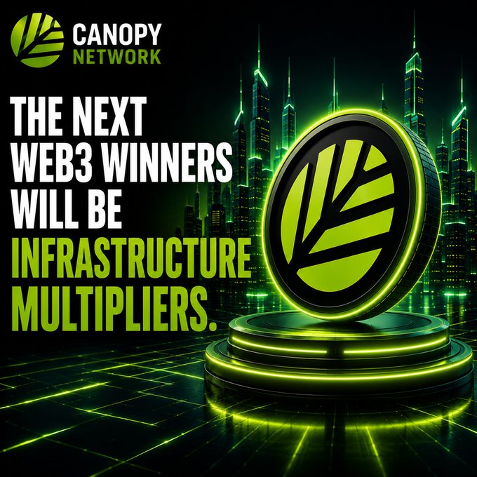 A promotional graphic for 'CANOPY NETWORK' featuring a large green leaf coin and the text 'THE NEXT WEB3 WINNERS WILL BE INFRASTRUCTURE MULTIPLIERS' against a neon green futuristic city.