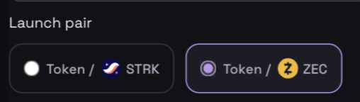 A digital interface showing 'Launch pair' options with two buttons: 'Token / STRK' and 'Token / ZEC' (Zcash).