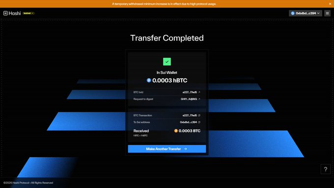 A Hoshi Protocol screenshot showing a 'Transfer Completed' notification with '0.0003 hBTC' added to the Sui Wallet and '0.0003 BTC' received, with a button to 'Make Another Transfer'.