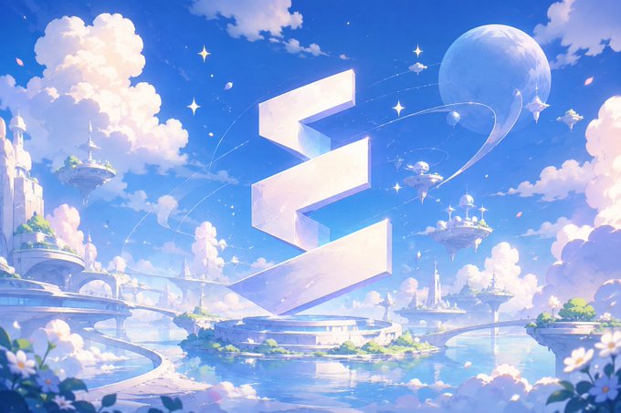 Anime-style fantasy artwork featuring a large white stylized "Z" or geometric logo floating in a dreamy blue sky filled with clouds, a moon, stars, flying islands, and a futuristic white cityscape above water.