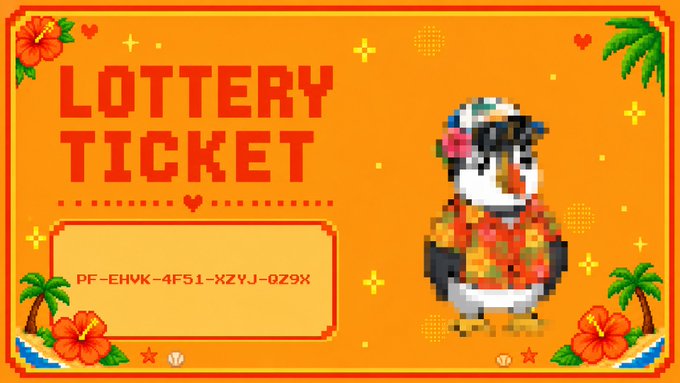 A pixel-art style lottery ticket featuring an orange background, a penguin character in a Hawaiian shirt, hibiscus flowers, and the code 'PF-EHVK-4FS1-XZYJ-OZ9X'.