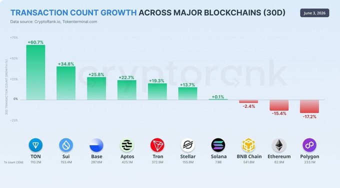 The image shows a bar graph illustrating the performance of different cryptocurrencies, specifically major blockchains, over the past 30 days. The x-axis displays various cryptocurrency names such as Bitcoin, Ripple, Solana, TON, and Etherum, while the y-axis represents transaction volume growth or decline in dollars. Each bar on the graph indicates how much these particular cryptocurrencies have gained or lost value over the last 30 days. 

The image also includes a caption that reads: "Just found out that TON has seen the strongest transaction volume growth among major blockchains over the last 30 days and people still fading TON memecoins?". This refers to the growth in Bitcoin, Ripple, Solana, TON, and Etherum as a whole. The image seems to be discussing how these cryptocurrencies have performed over time and how they compare to one another based on transaction volume growth or decline.