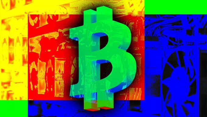 A vibrant, stylized image of a green Bitcoin logo set against a contrasting background of yellow, red, and blue panels with abstract patterns.