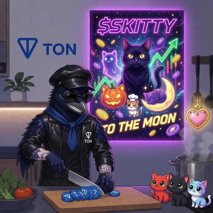The image shows a dark, stylized crow wearing sunglasses and a leather jacket emblazoned with the "TON" logo, chopping TON-branded tokens in a kitchen while a vibrant poster behind him displays "$SKITTY" and "TO THE MOON" alongside cats, a jack-o'-lantern, and a rising green chart, with three cute kittens watching from the floor.

The scene fits the "Gram morning TON believers" greeting by presenting a playful, meme-style TON community vibe—pairing the rugged chef imagery with the bullish $SKITTY "to the moon" poster to rally fellow TON supporters for the day ahead.
