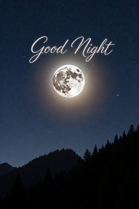 A nighttime scene featuring a full moon over silhouetted mountains and trees, with the text 'Good Night' written in elegant white cursive script.