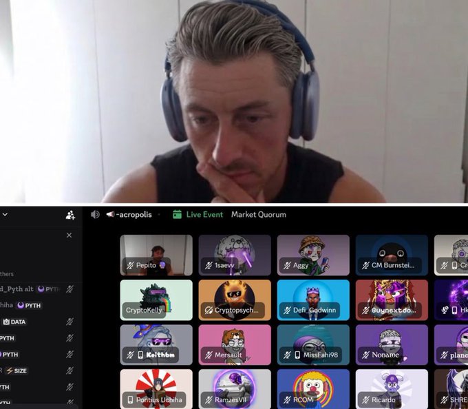 A screenshot of a live video call with a man wearing headphones visible at the top, and a grid of participants below with usernames like 'Pepito', '1saev1', 'Aggy', 'CryptoKelly', and 'Defi Godwinn' in a 'Live Event' and 'Market Quorum' chat on the Acropolis platform.