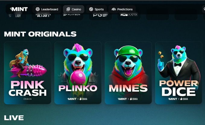 A webpage screenshot displays "MINT ORIGINALS" featuring colorful game thumbnails for "PINK CRASH," "PLINKO," "MINES," and "POWER DICE," with a navigation bar showing Leaderboard, Casino, Sports, and Predictions.