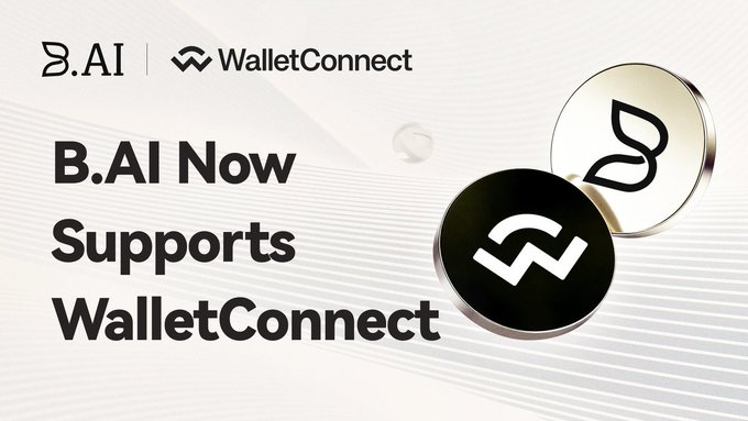 The image features a promotional announcement with the B.AI and WalletConnect logos at the top, alongside bold text reading "B.AI Now Supports WalletConnect." Two 3D metallic coin-like emblems—one black with the WalletConnect "W" logo and one silver with the B.AI leaf symbol—float to the right against a light, textured background.

This visually reinforces the post's message about B.AI integrating WalletConnect functionality, using the hotel key card analogy to highlight the seamless, one-tap access the partnership provides to users.