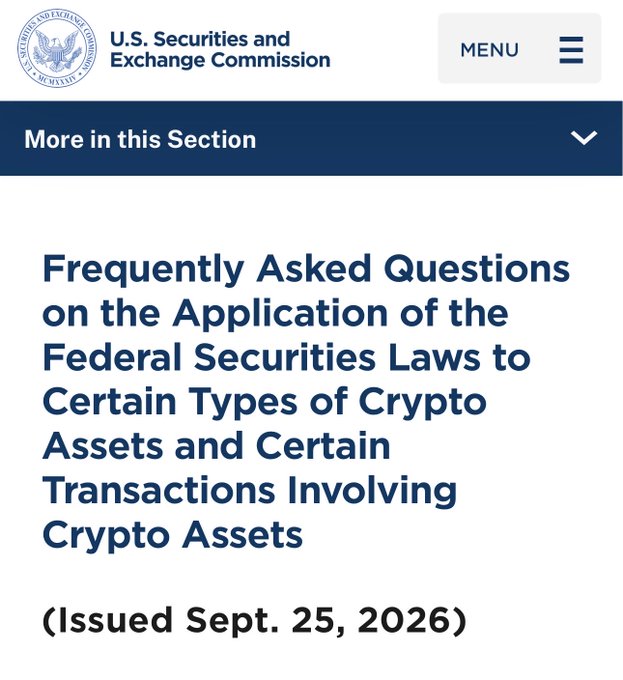 A screenshot from the U.S. Securities and Exchange Commission website displaying an FAQ titled 'Frequently Asked Questions on the Application of the Federal Securities Laws to Certain Types of Crypto Assets and Certain Transactions Involving Crypto Assets,' issued Sept. 25, 2026.