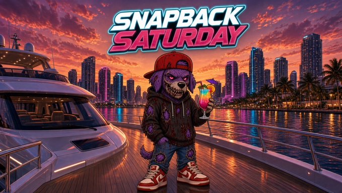 A cartoon graphic titled 'SNAPBACK SATURDAY' featuring a purple werewolf-like character wearing a red cap and holding a tropical cocktail drink on a yacht with a city skyline in the background.