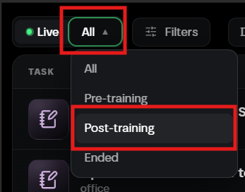 A dark-themed UI dropdown menu is open with the 'All' filter selected, highlighting 'Post-training' among options including Pre-training and Ended.