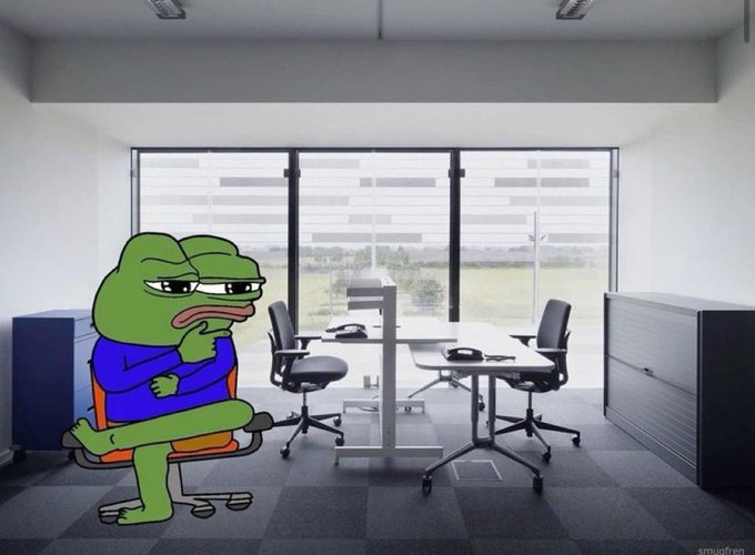 A Pepe the Frog meme character in a purple shirt sits in a chair with his hand on his chin in a modern office space, with desks, chairs, and a large window showing an outdoor view. The watermark 'smuofren' appears in the corner.