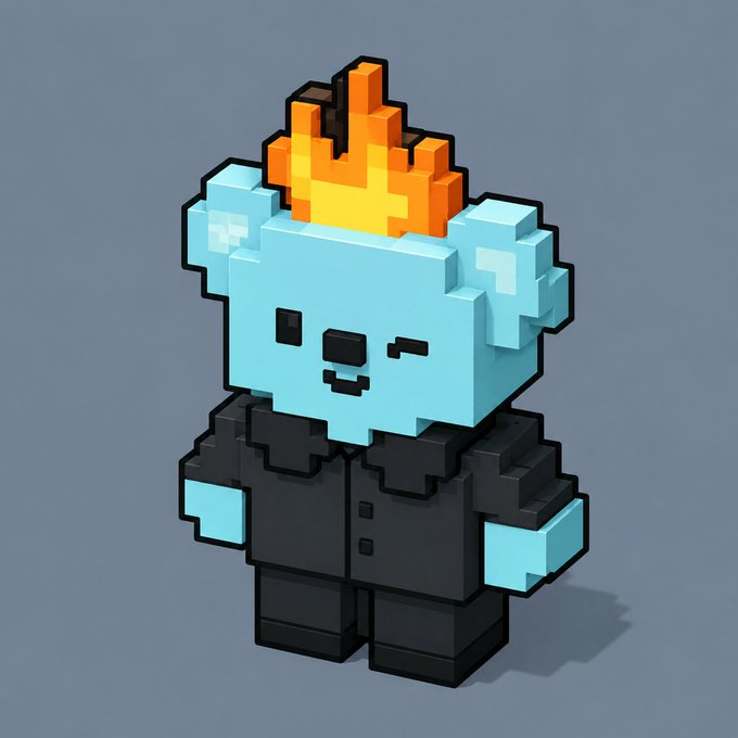 A 3D voxel-style illustration of a cute, light-blue bear-like character wearing a black suit and tie, featuring a crown of orange and yellow flames on its head against a solid gray background.