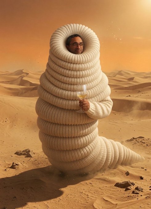 A digitally edited image showing a man's face emerging from a large, coiled, worm-like knitted structure sitting in a desert, with a hand holding a wine glass protruding from its side.