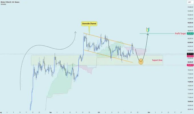 A BTC/USD candlestick chart shows a marked “Downside Channel,” a yellow “Support Zone,” and a projected green “Profit Target,” with an orange smile-like annotation emphasizing the upward move from support.
