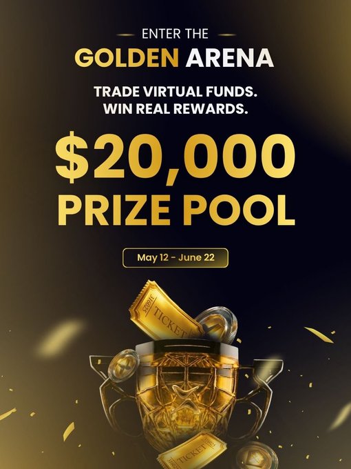 The advertisement features a gold trophy with $20,000 inside of a glass cup. The poster also includes an enticing offer for a virtual trading contest that runs from May 12th until June 22nd. This contest offers participants the chance to win real rewards if they are successful in their trading strategies.