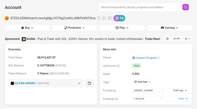 A Solana account dashboard displays wallet 87ZLDDbMAgmHJwsAgNjpJVCf9gZvwMJJMdFbXNTrkva holding 22.63M ANSEM tokens valued at approximately $8.91M, with a total portfolio of $8,912,427.07 primarily in 5 tokens. The "More info" panel reveals the account is owned by the System Program and was funded by account J3K6Cb...Lt3mHQ 8 hours ago, supporting claims of significant recent accumulation.