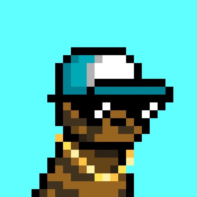 A pixel art illustration of a character with a blue cap and brown clothing against a solid cyan background.