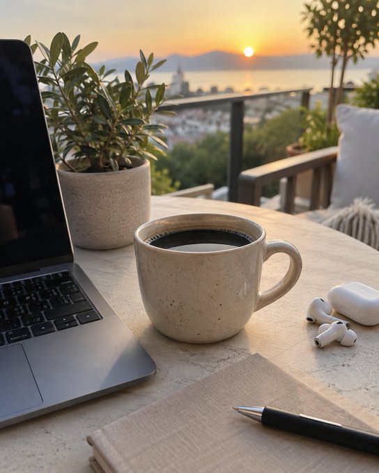 A cozy outdoor workspace at sunset featuring a coffee mug, laptop, earbuds case, and potted olive tree on a stone table, overlooking a coastal city and water.