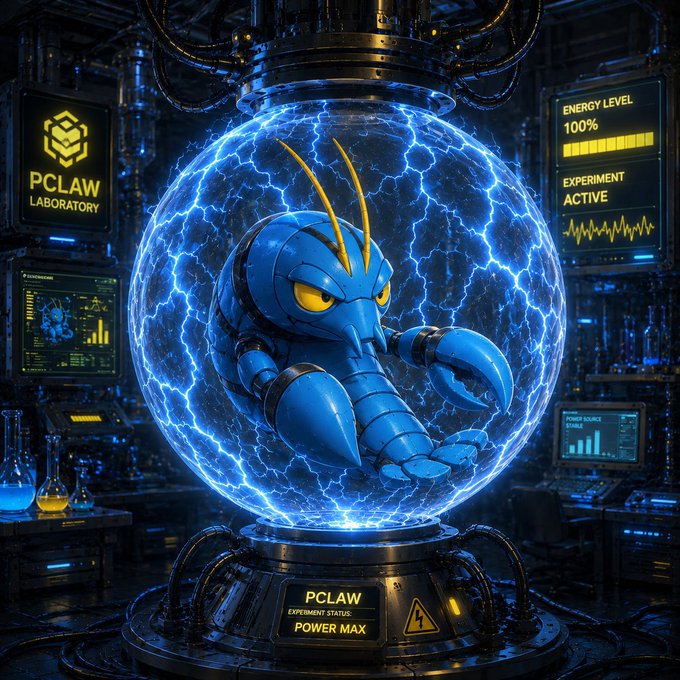 A blue lobster-like creature labeled 'PCLAW' contained within an electrified spherical containment field in a laboratory setting, with displays showing 'ENERGY LEVEL 100%' and 'EXPERIMENT ACTIVE' alongside 'POWER MAX' status.