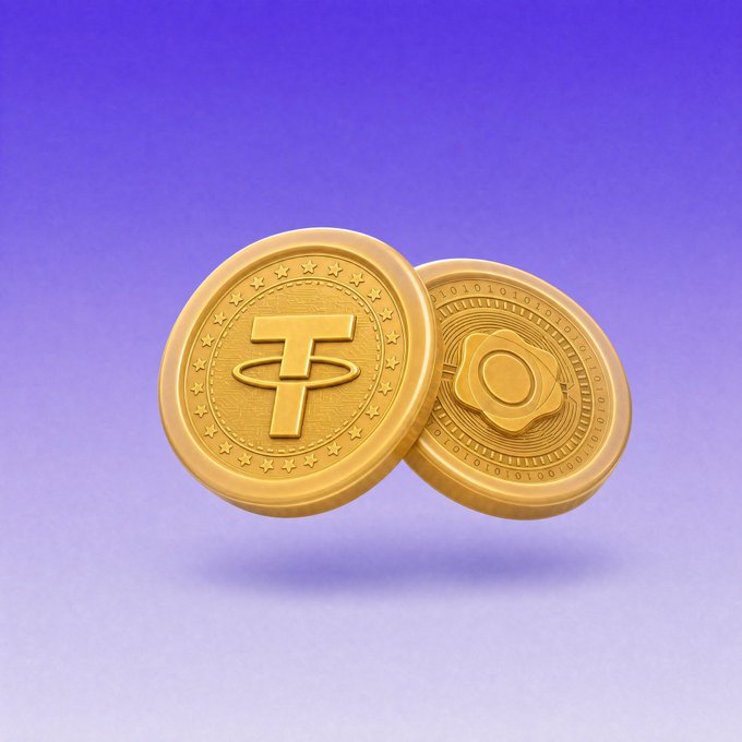 Two gold Tether (USDT) cryptocurrency coins floating against a purple gradient background.