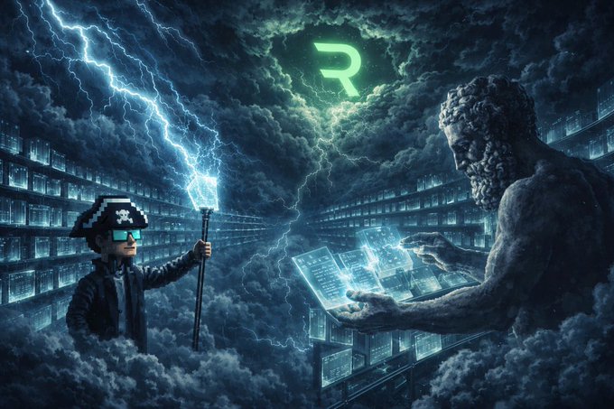 A dramatic digital illustration showing a pixelated character with sunglasses and a staff with lightning facing a classical stone statue, both surrounded by floating digital screens under a stormy sky with a glowing green 'R' logo.