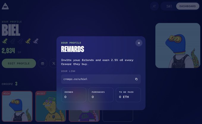A screenshot of a 'Creepz' NFT profile dashboard for user 'BIEL' showing a pop-up for 'YOUR PROFILE REWARDS' with a referral link (creepz.co/u/biel).