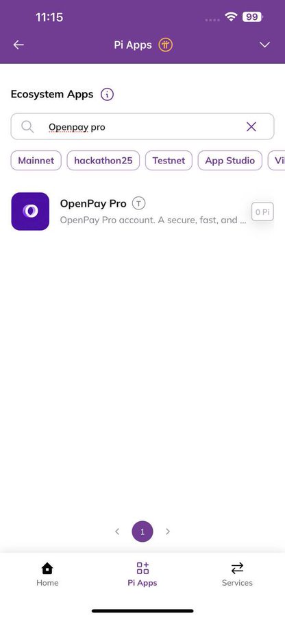 The image shows the Pi Apps interface searching for "Openpay pro," displaying the OpenPay Pro app under Ecosystem Apps, which relates to the post announcing OpenPay Pro's official listing on Pi App Studio and how users can discover it through the Pi Apps platform.