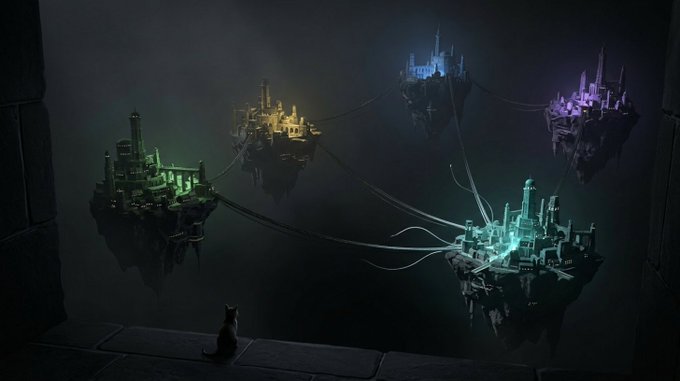 A cat sits on a stone ledge looking out at floating cities connected by bridges, each glowing in different colors in a dark, misty void.