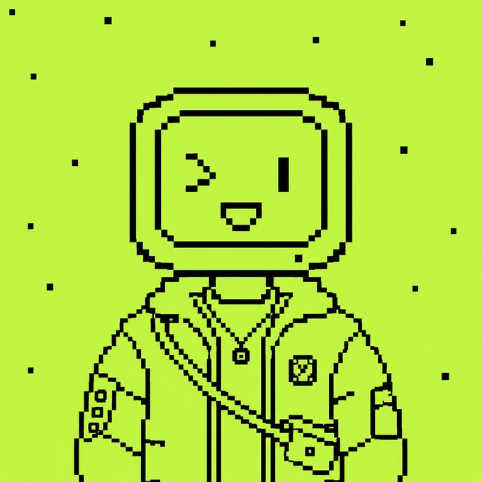 A pixel art illustration of a character with a square helmet, winking and smiling, wearing a jacket and crossbody bag, set against a yellow-green background.