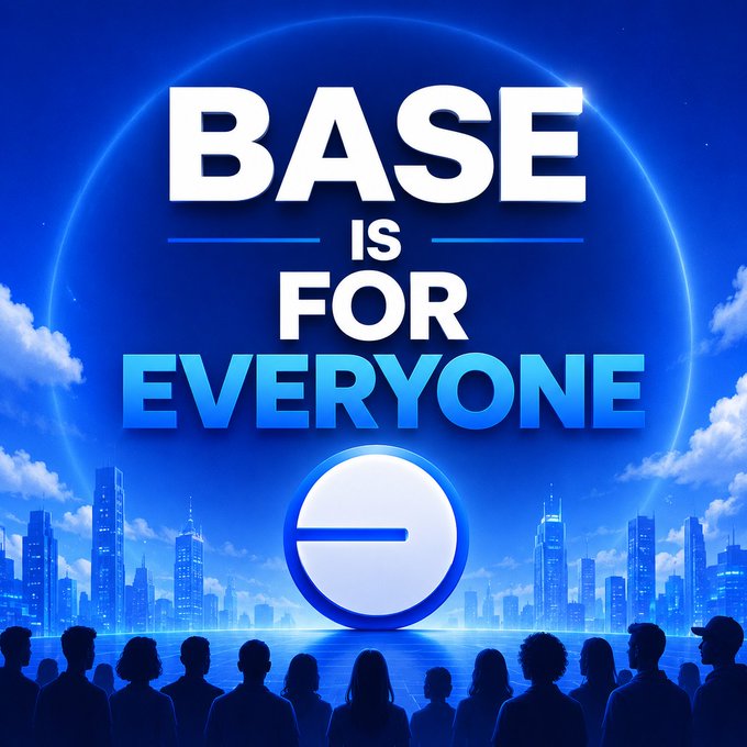 A bold promotional graphic with 'BASE IS FOR EVERYONE' in large white and blue text, featuring the Base logo, a city skyline silhouette, and a crowd of people against a blue sky background.