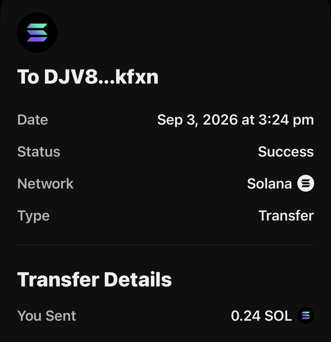 A screenshot of a digital transaction receipt showing a transfer of 0.24 SOL to "DJV8...kfxn" on the Solana network, marked as "Success" on Sep 3, 2026.