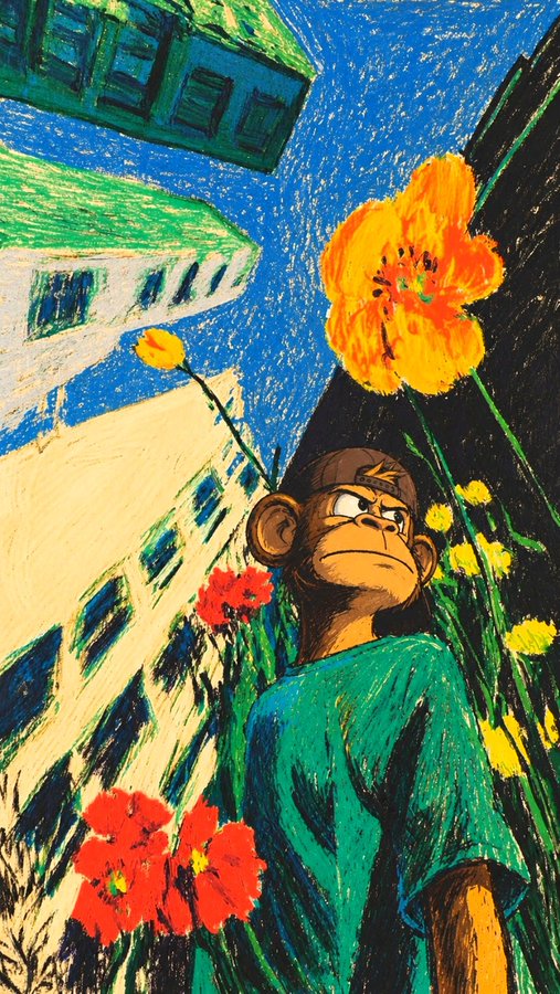 An artistic drawing of a chimpanzee wearing a green shirt and a backwards cap, standing among flowers with floating buildings in a Van Gogh-inspired style.