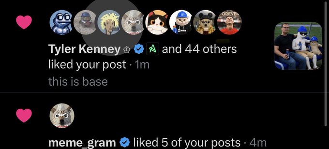 An Instagram notifications screen showing that Tyler Kenney and 44 others liked a post titled 'this is base', along with meme_gram liking 5 posts.