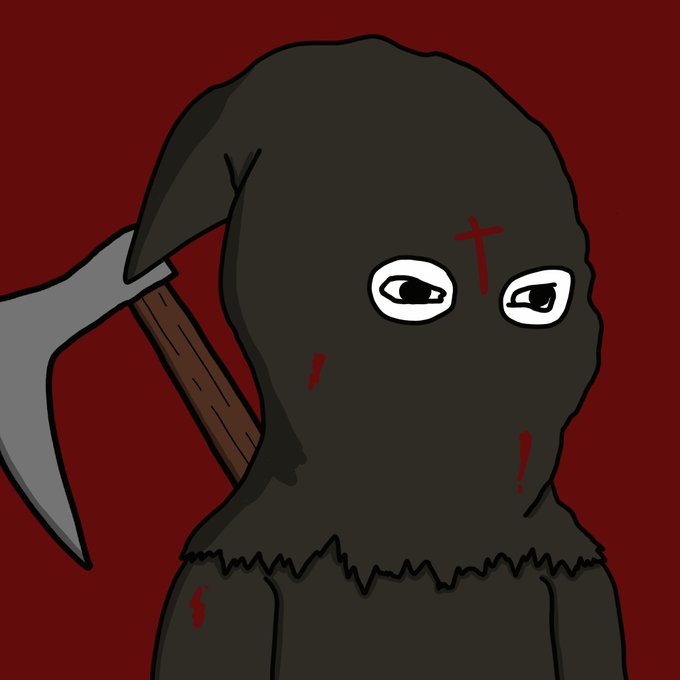 A cartoon drawing of a figure in a black hood with wide eyes, a red cross on the forehead, and blood-like marks, holding a pickaxe against a dark red background.