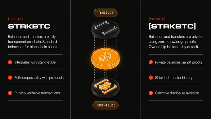 An infographic comparing public and private STARKBTC balances, noting 'PUBLIC' balances are transparent on-chain while '[PRIVATE]' uses zero-knowledge proofs, with bullet points including 'Integrates with Starknet DeFi', 'Full composability with protocols', 'Publicly verifiable transactions', 'Private balances via ZK proofs', 'Shielded transfer history', and 'Selective disclosure available'.