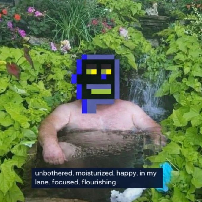 A meme featuring a pixelated blue character superimposed on a naked man relaxing in a garden hot tub, with the caption 'unbothered. moisturized. happy. in my lane. focused. flourishing.'
