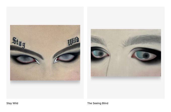 Two close-up paintings of eyes displayed side by side, labeled "Stay Wild" (featuring "Stay" and "Wild" text tattooed above the brows) and "The Seeing Blind" (showing detailed natural brows with red rims and dark smoky makeup), both part of the artist's "Before Meaning" collection on SuperRare. The intimate, hyperrealistic portraits convey a haunting emotional intensity, fitting the contemplative "Gm" greeting.
