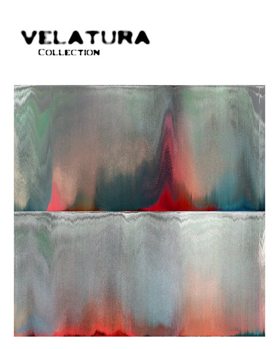 A product image titled 'VELATURA COLLECTION' displaying a sheet of iridescent holographic fabric that shimmers with metallic green, pink, red, and silver tones.