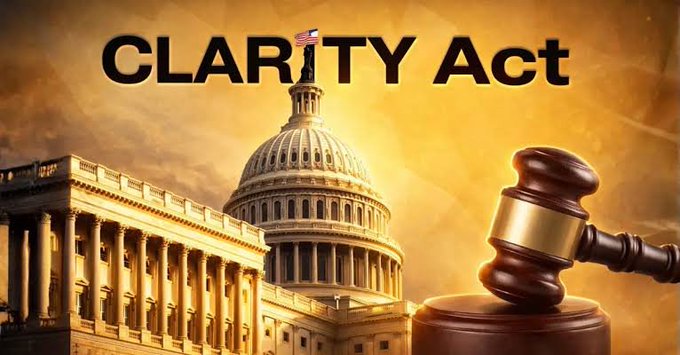 A dramatic graphic displays the text "CLARITY Act" over an image of the U.S. Capitol building with a wooden gavel in the foreground against a golden, cloudy sky.