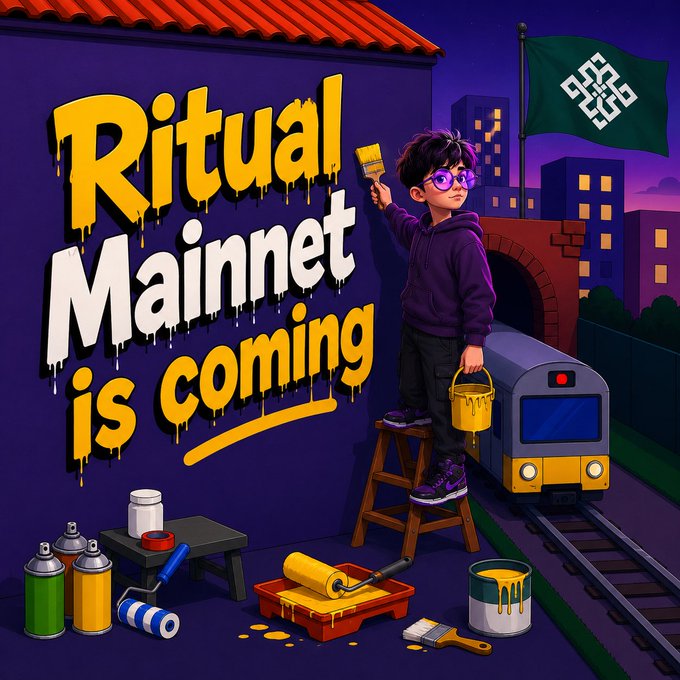 A cartoon-style illustration with graffiti reading 'Ritual Mainnet is coming', depicting a character on a ladder painting a wall with a brush near a train, accompanied by paint supplies.