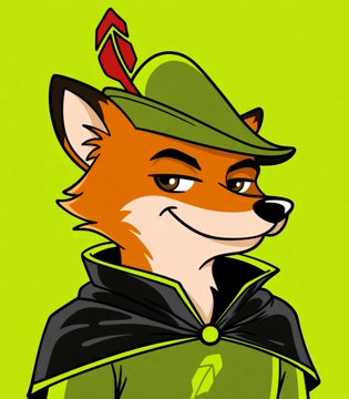 A cartoon illustration of an anthropomorphic fox wearing a green cap with a feather and a dark cloak, set against a bright green background.
